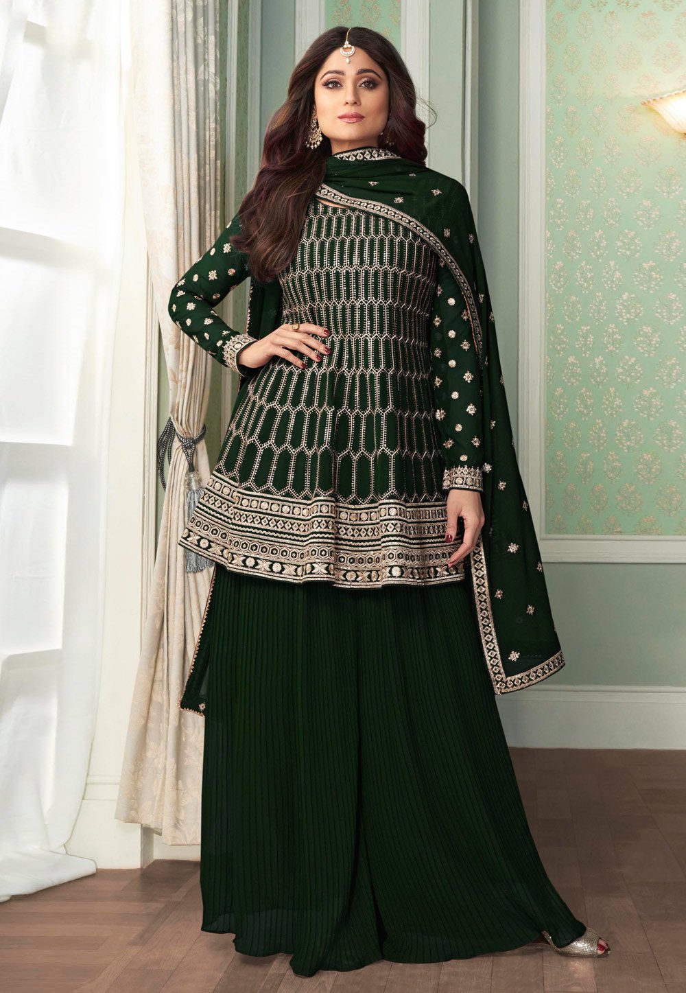Dark Green Peplon Suit - Buy Embroidered Georgette Palazzo Suit