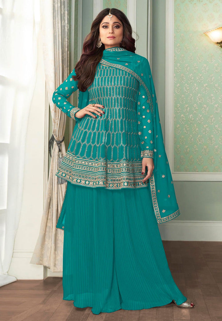 Blue Peplon Suit - Buy Embroidered Georgette Palazzo Suit