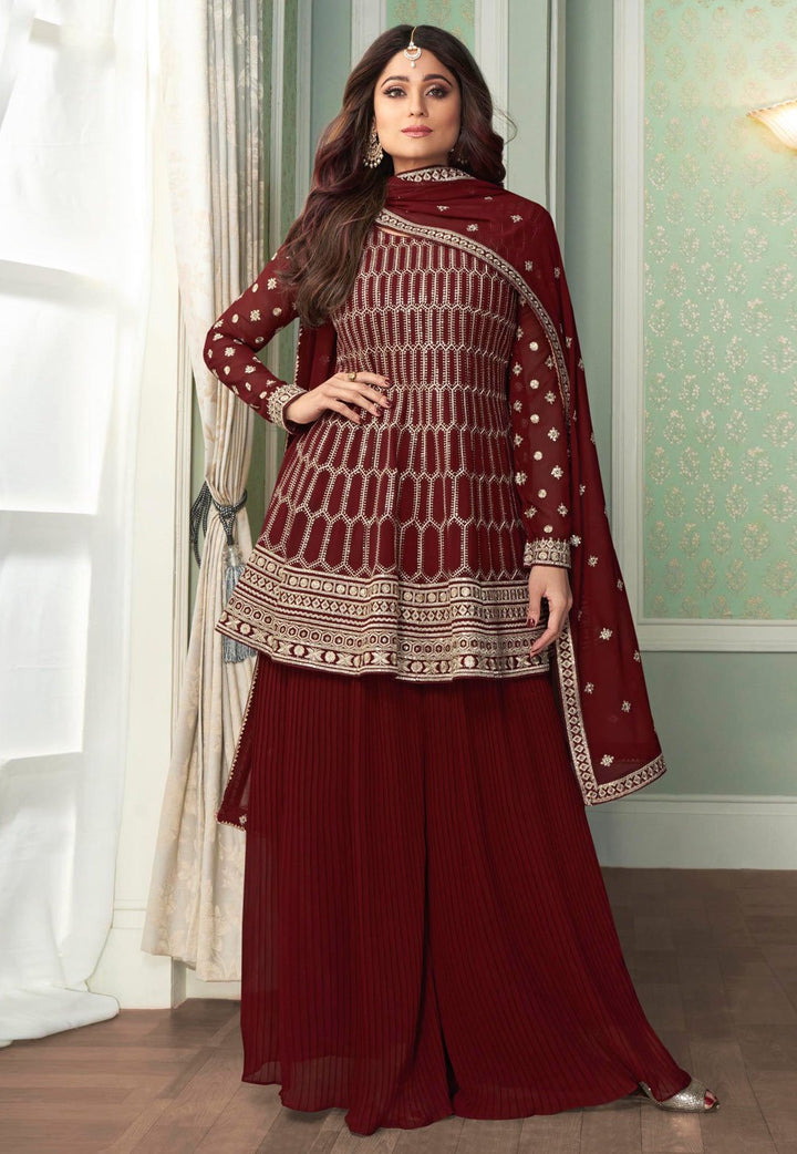 Maroon Peplon Suit - Buy Embroidered Georgette Palazzo Suit