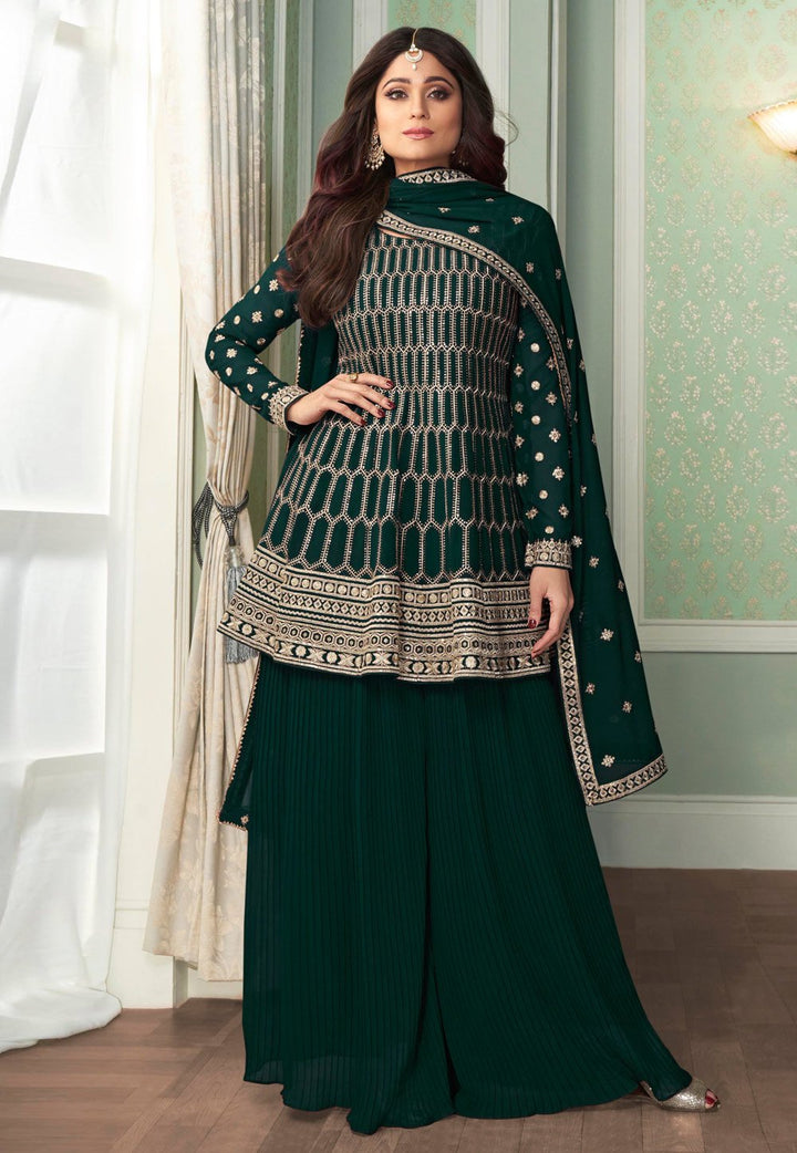 Teal Green Peplon Suit - Buy Embroidered Georgette Palazzo Suit