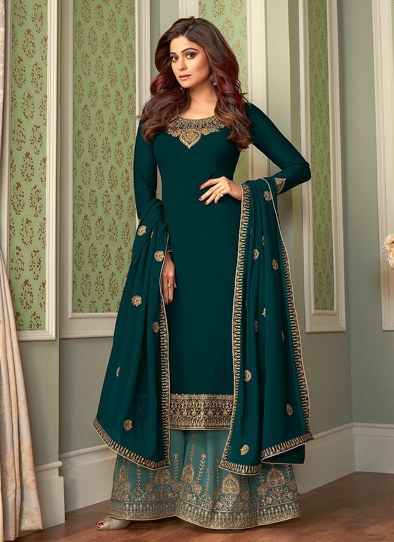 Buy Incredible Teal Suit - Shamita Shetty Georgette Palazzo Suit
