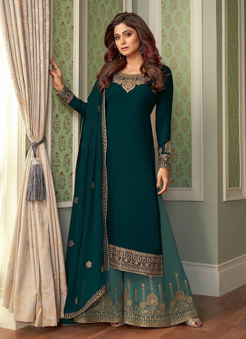 Buy Incredible Teal Suit - Shamita Shetty Georgette Palazzo Suit
