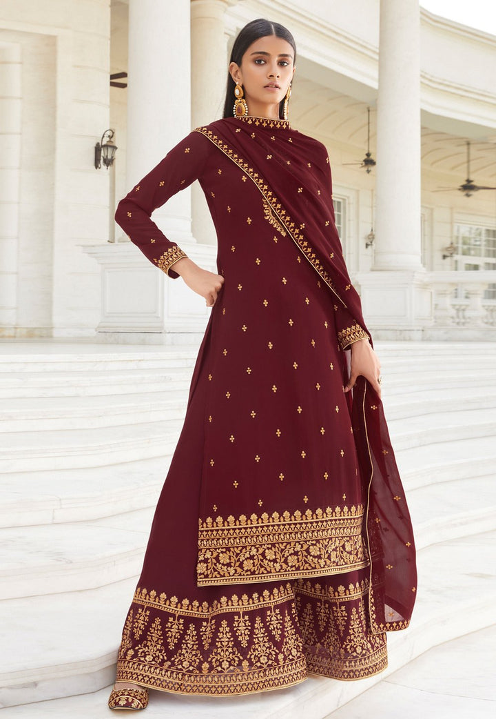 Buy Dazzling Maroon Suit - Zari Embroidered Flared Palazzo Suit