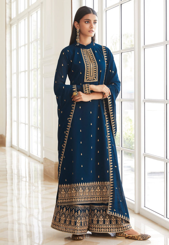 Buy Splendid Blue Suit - Zari Embroidered Flared Palazzo Suit