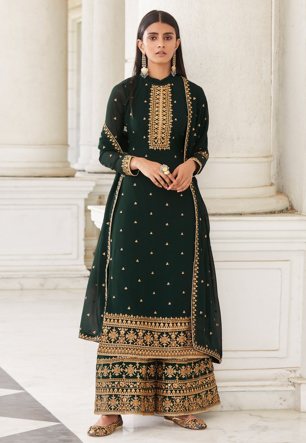 Buy Bottle Green Suit - Zari Embroidered Flared Palazzo Suit