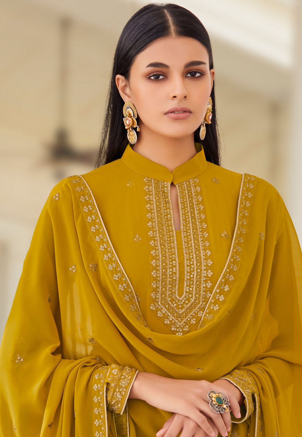 Buy Mustard Yellow Suit - Zari Embroidered Flared Palazzo Suit