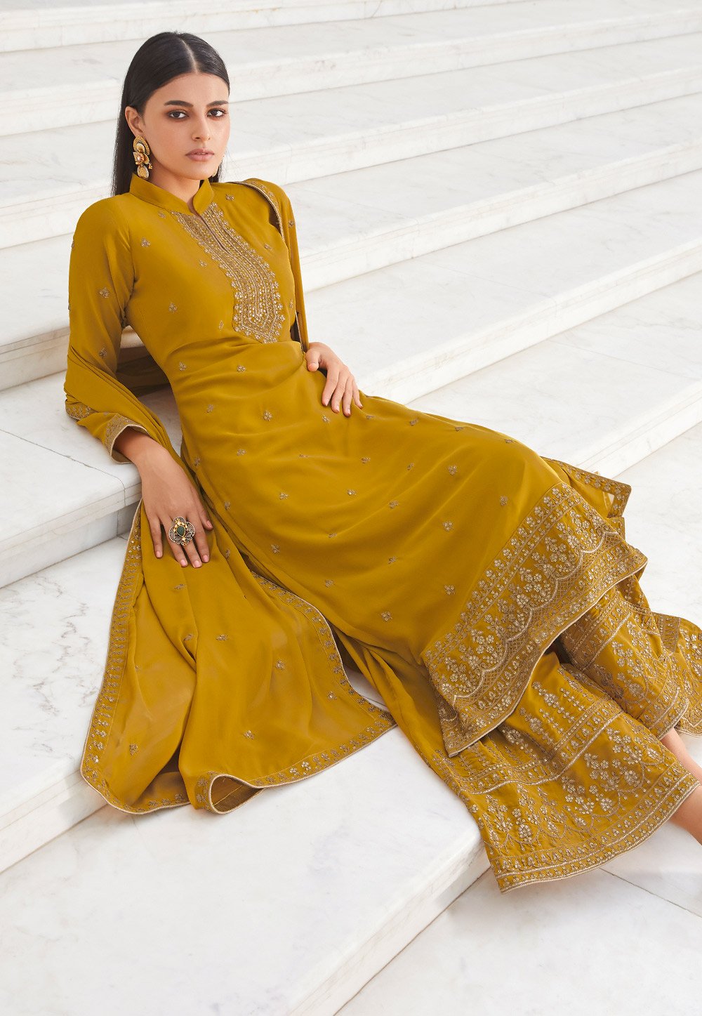 Buy Mustard Yellow Suit - Zari Embroidered Flared Palazzo Suit