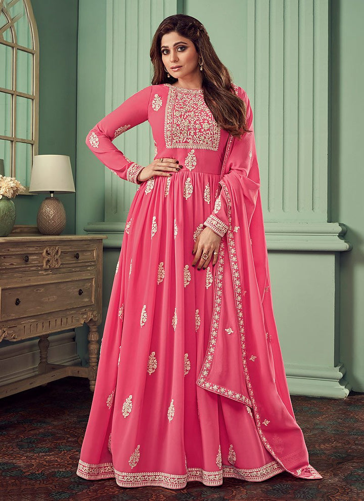 Buy Carmine Pink Heavy Embroidered Suit - Featuring Shamita Shetty
