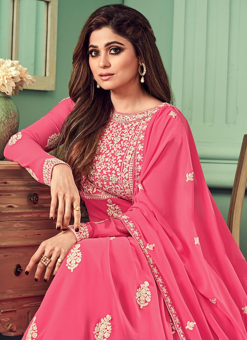 Buy Carmine Pink Heavy Embroidered Suit - Featuring Shamita Shetty