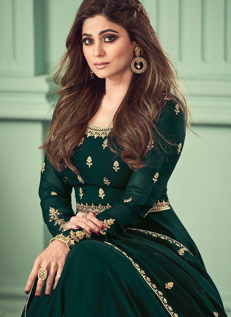 Buy Bottle Green Heavy Embroidered Suit - Featuring Shamita Shetty