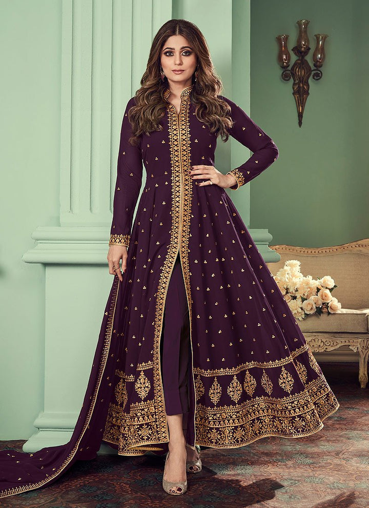 Plum Purple Slit Style Anarkali Featuring Shamita Shetty