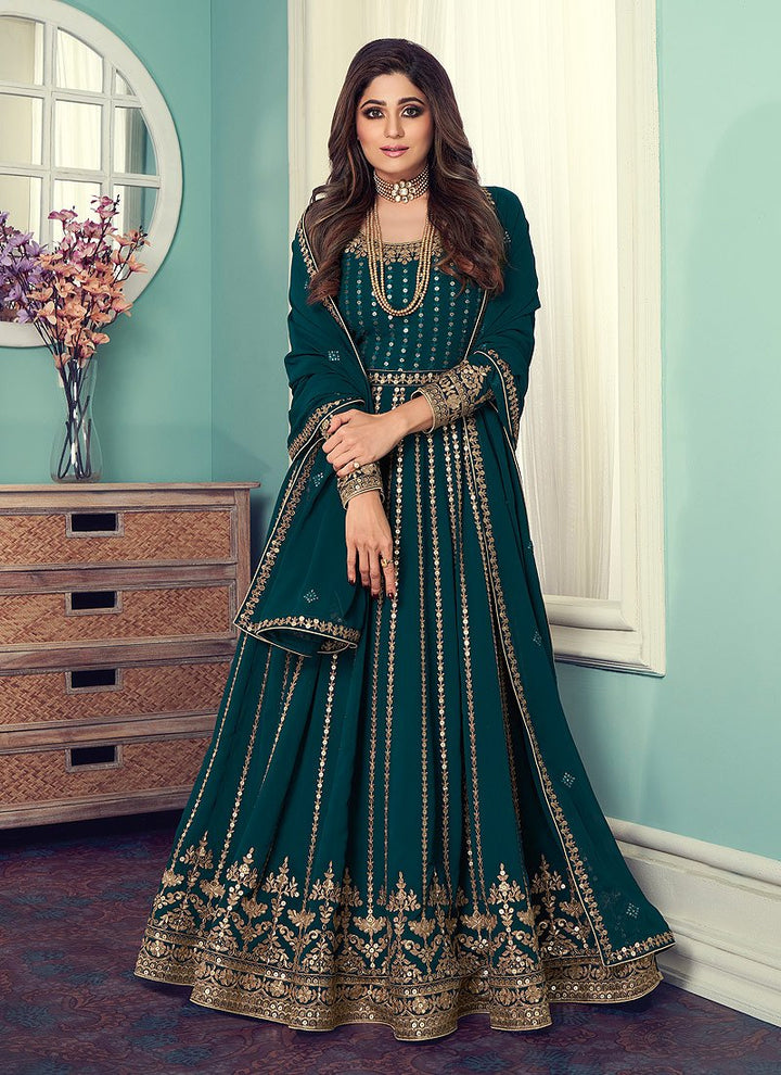 Buy Anarkali Gown in Teal - Featuring Shamita Shetty