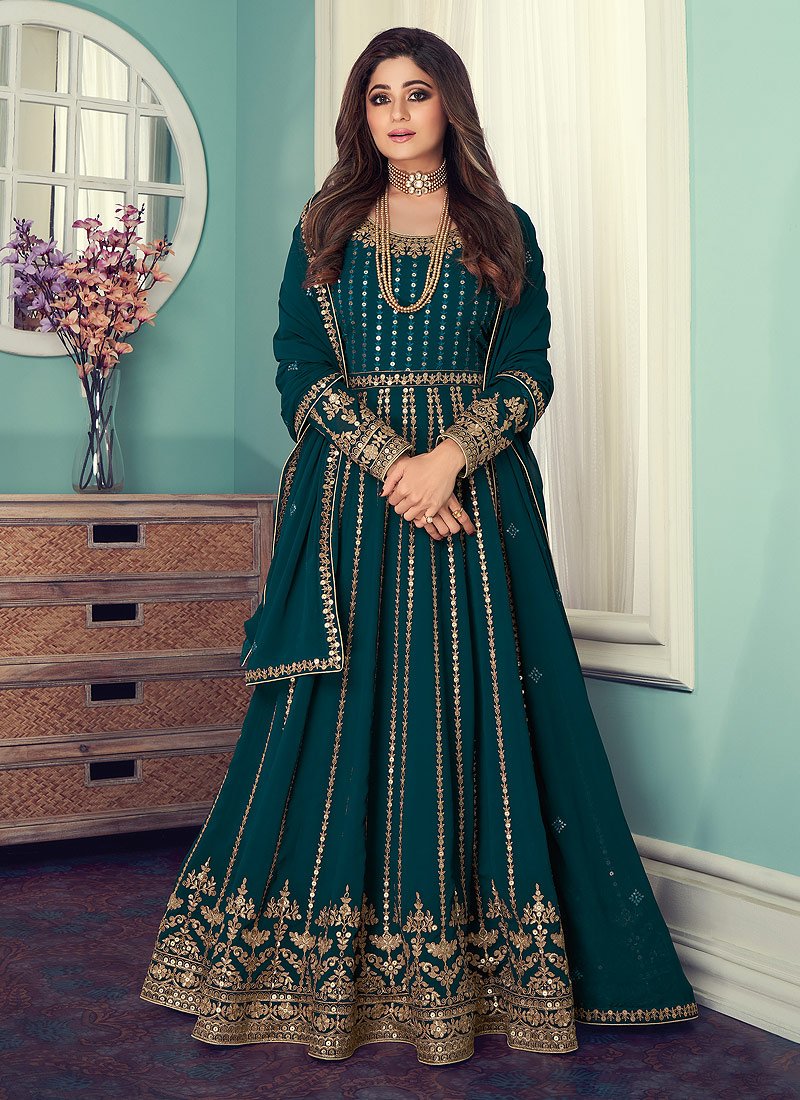 Buy Anarkali Gown in Teal - Featuring Shamita Shetty