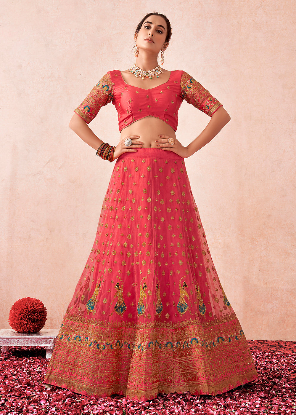 Buy Now Traditional Peach Coral Kalidar Embroidered Net Lehenga Choli Online in USA, UK, Canada & Worldwide at Empress Clothing.
