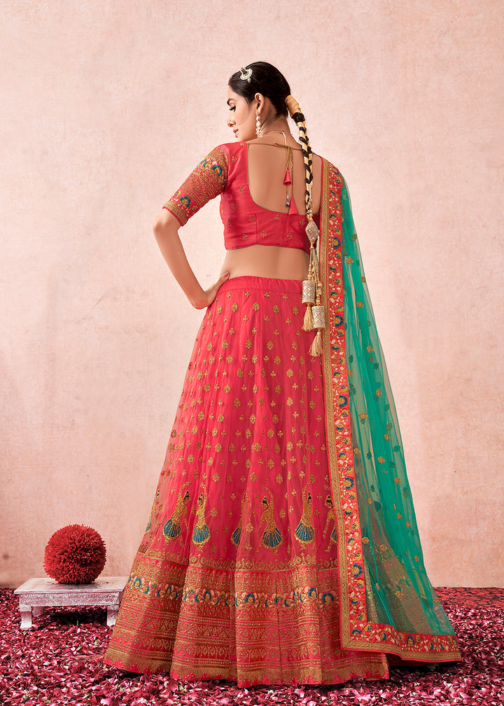 Buy Now Traditional Peach Coral Kalidar Embroidered Net Lehenga Choli Online in USA, UK, Canada & Worldwide at Empress Clothing.