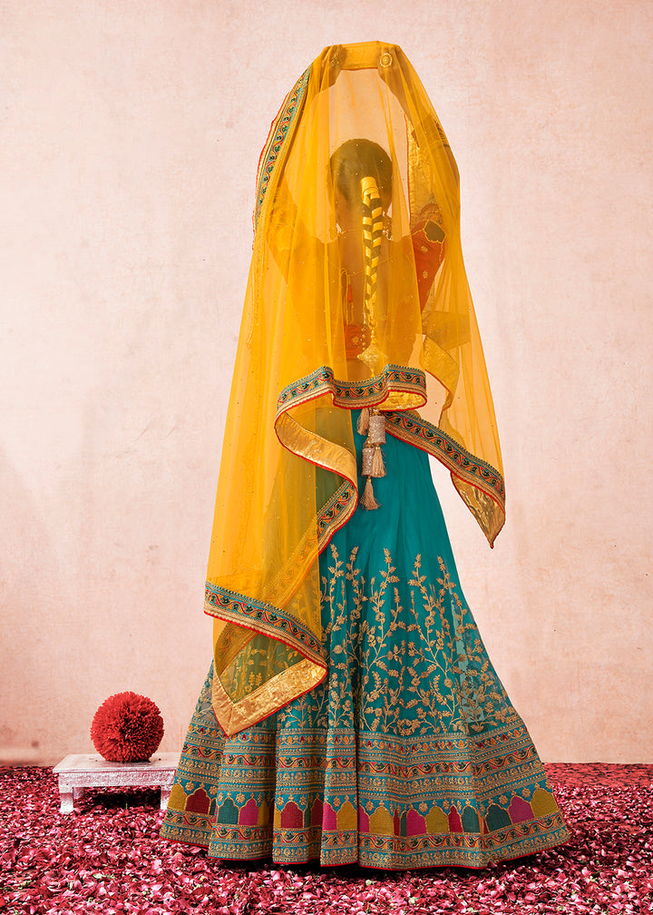 Buy Now Traditional Turquoise & Maroon Kalidar Embroidered Net Lehenga Choli Online in USA, UK, Canada & Worldwide at Empress Clothing.