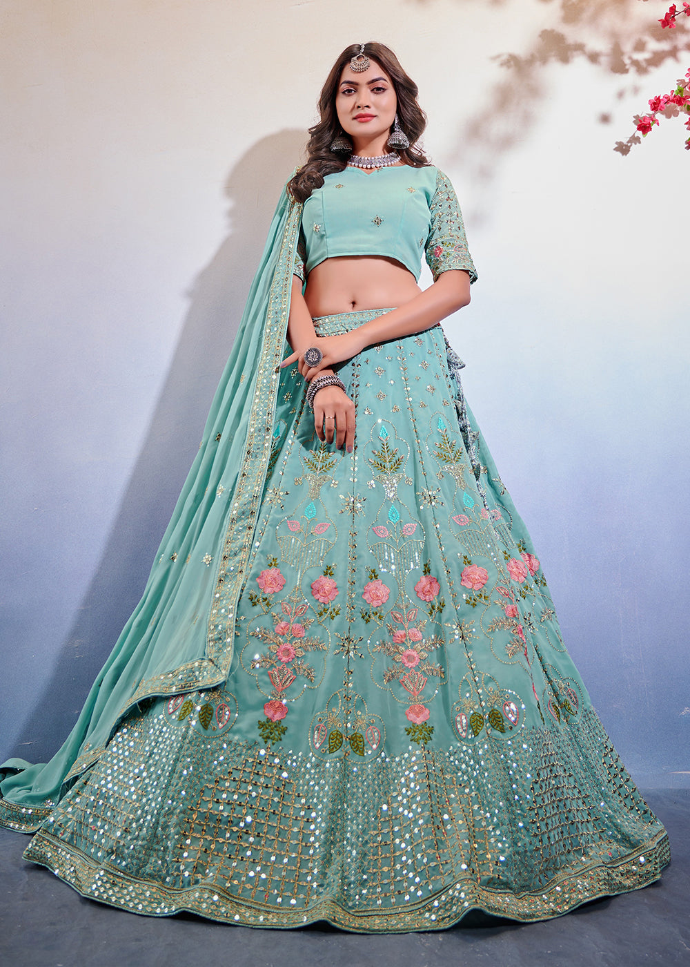 Buy Now Premium Georgette Beauteous Sky Blue Marriage Wear Lehenga Choli Online in USA, UK, Canada & Worldwide at Empress Clothing.