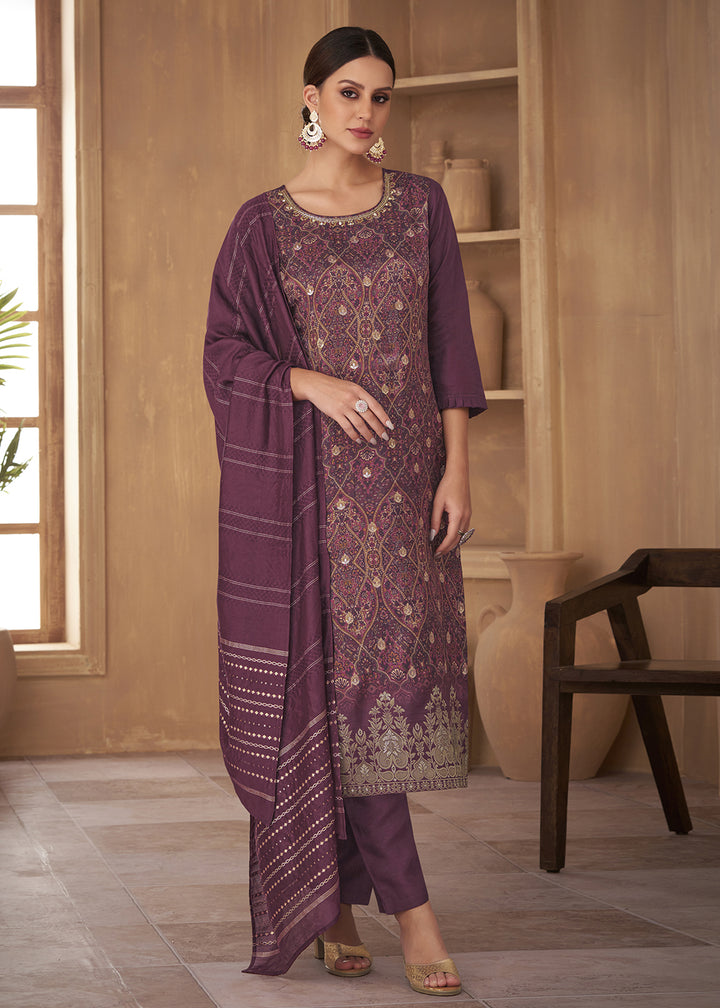 Buy Now Inventive Purple Russian Silk Embroidered Pant Style Salwar Suit Online in USA, UK, Canada, Germany, Australia & Worldwide at Empress Clothing. 