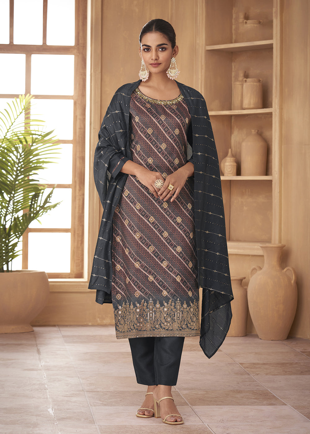 Buy Now Beatific Grey Russian Silk Embroidered Pant Style Salwar Suit Online in USA, UK, Canada, Germany, Australia & Worldwide at Empress Clothing.