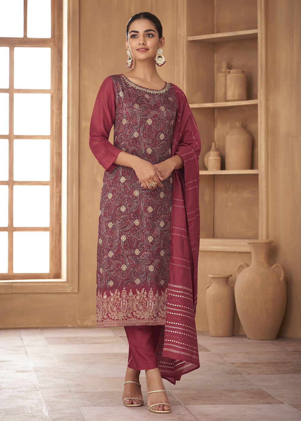Buy Now Classic Red Russian Silk Embroidered Pant Style Salwar Suit Online in USA, UK, Canada, Germany, Australia & Worldwide at Empress Clothing.