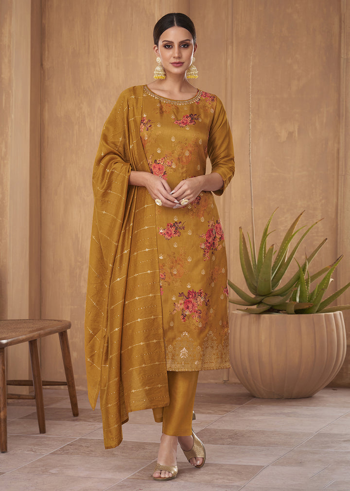 Buy Now Excellent Yellow Russian Silk Embroidered Pant Style Salwar Suit Online in USA, UK, Canada, Germany, Australia & Worldwide at Empress Clothing.
