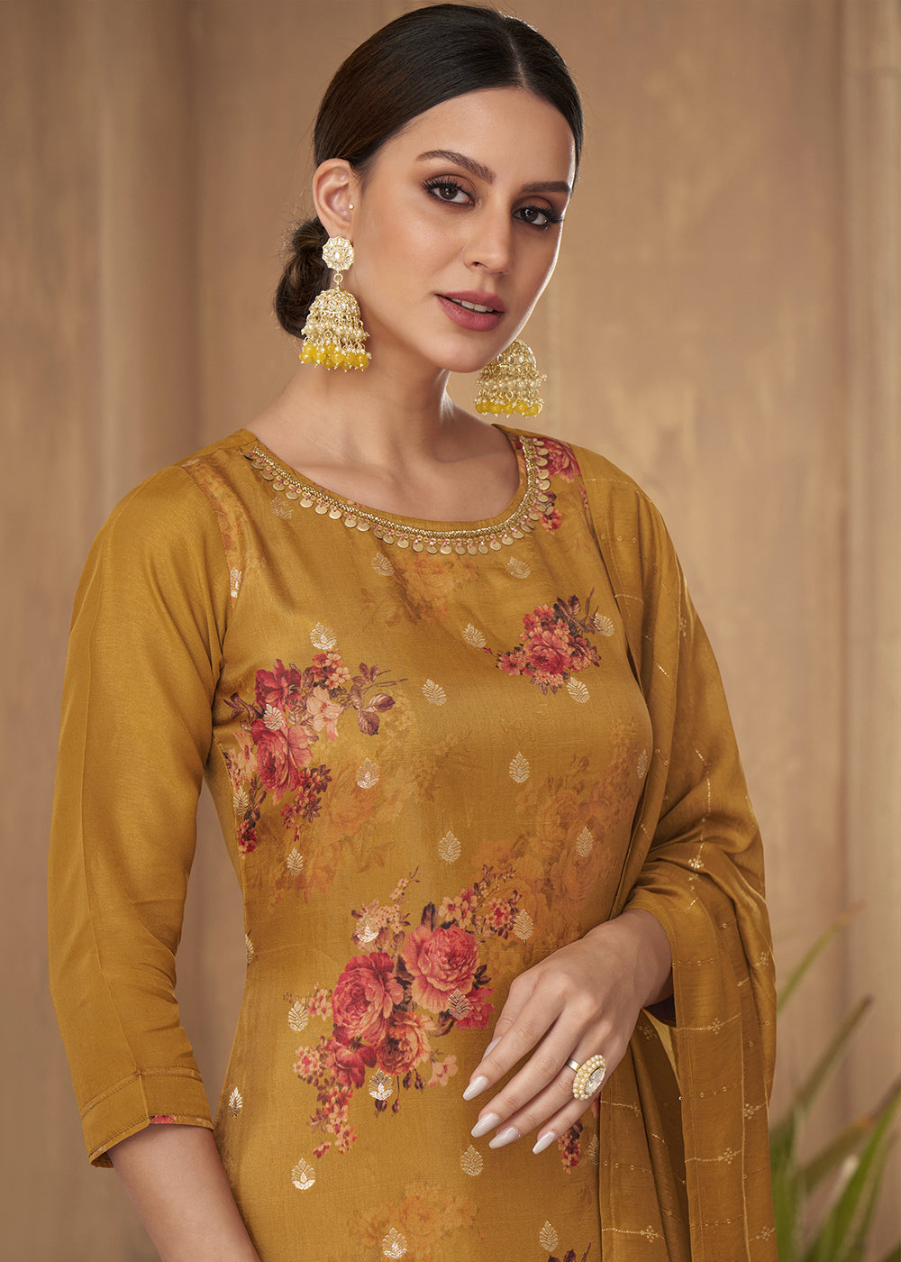 Buy Now Excellent Yellow Russian Silk Embroidered Pant Style Salwar Suit Online in USA, UK, Canada, Germany, Australia & Worldwide at Empress Clothing.