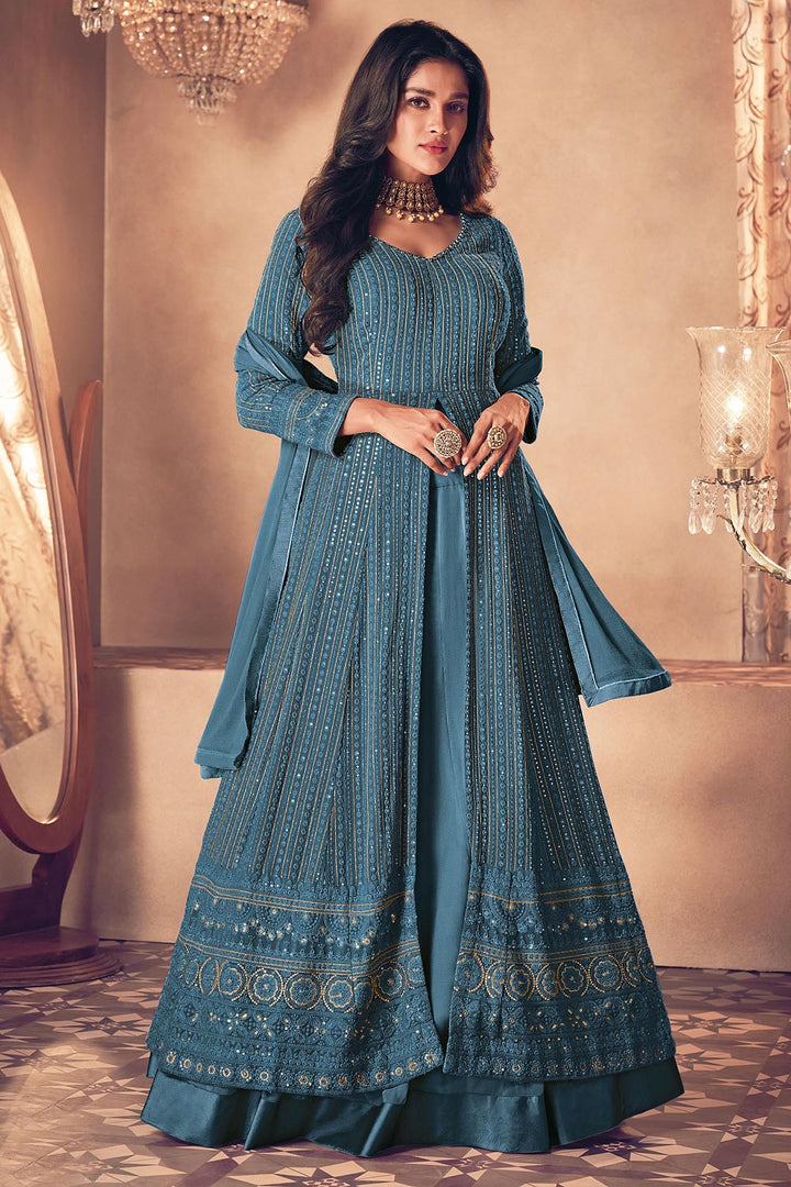 Buy Prussian Blue Floor Length Anarkali - Embroidered Anarkali Suit
