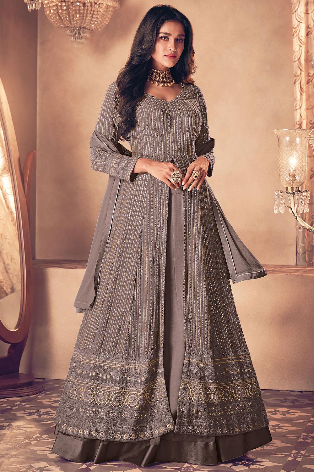 Buy Dusty Grey Floor Length Anarkali - Embroidered Anarkali Suit