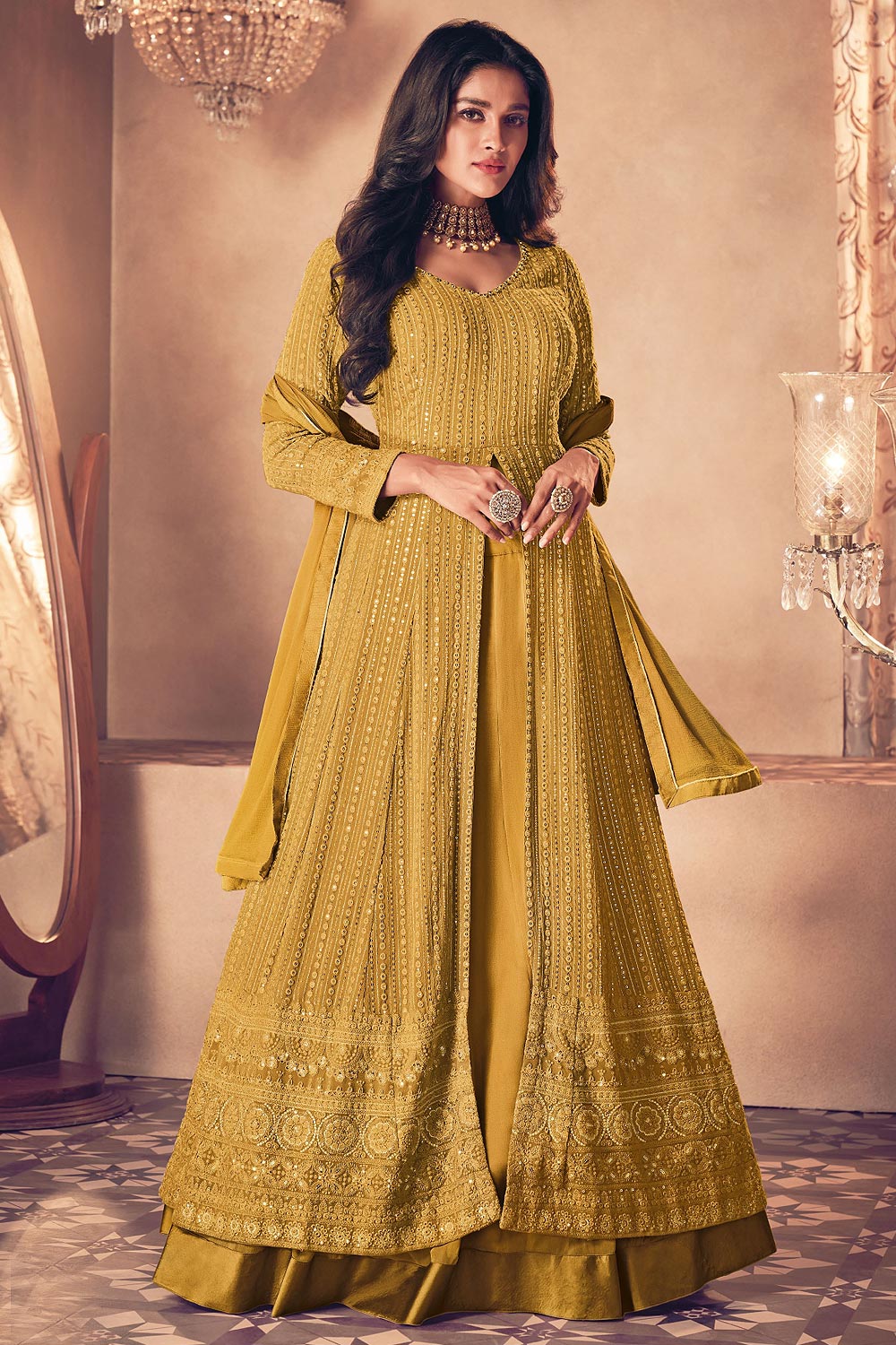 Buy Mustard Yellow Floor Length Anarkali - Embroidered Anarkali Suit