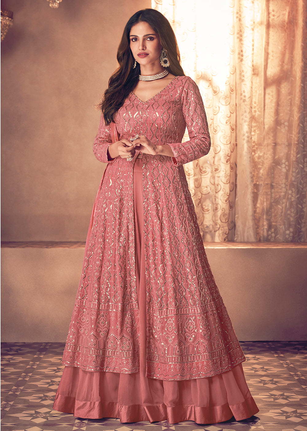 Buy Spectacular Pink Floor Length Anarkali - Embroidered Anarkali Suit