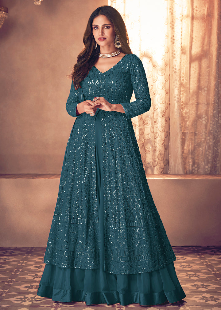 Buy Spectacular Blue Floor Length Anarkali - Embroidered Anarkali Suit