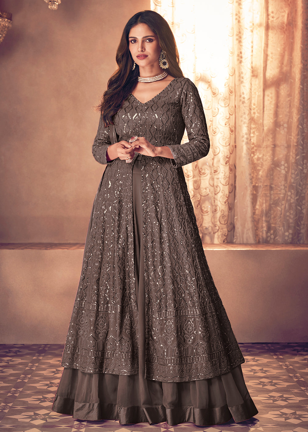 Buy Spectacular Grey Floor Length Anarkali - Embroidered Anarkali Suit