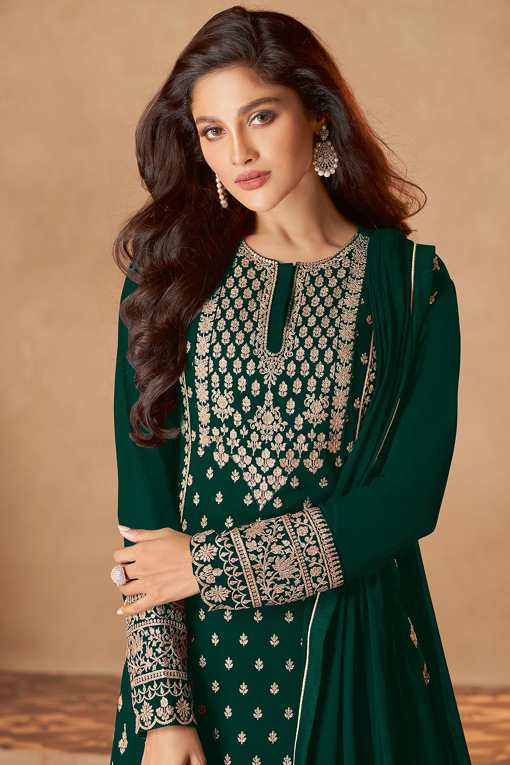 Buy Dark Green Straight Cut Sharara  Embroidered Designer Sharara Suit