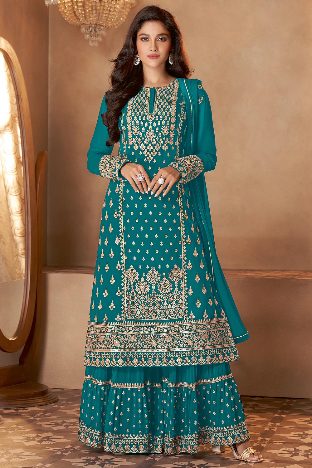 Buy Turquoise Straight Cut Sharara - Embroidered Designer Sharara Suit
