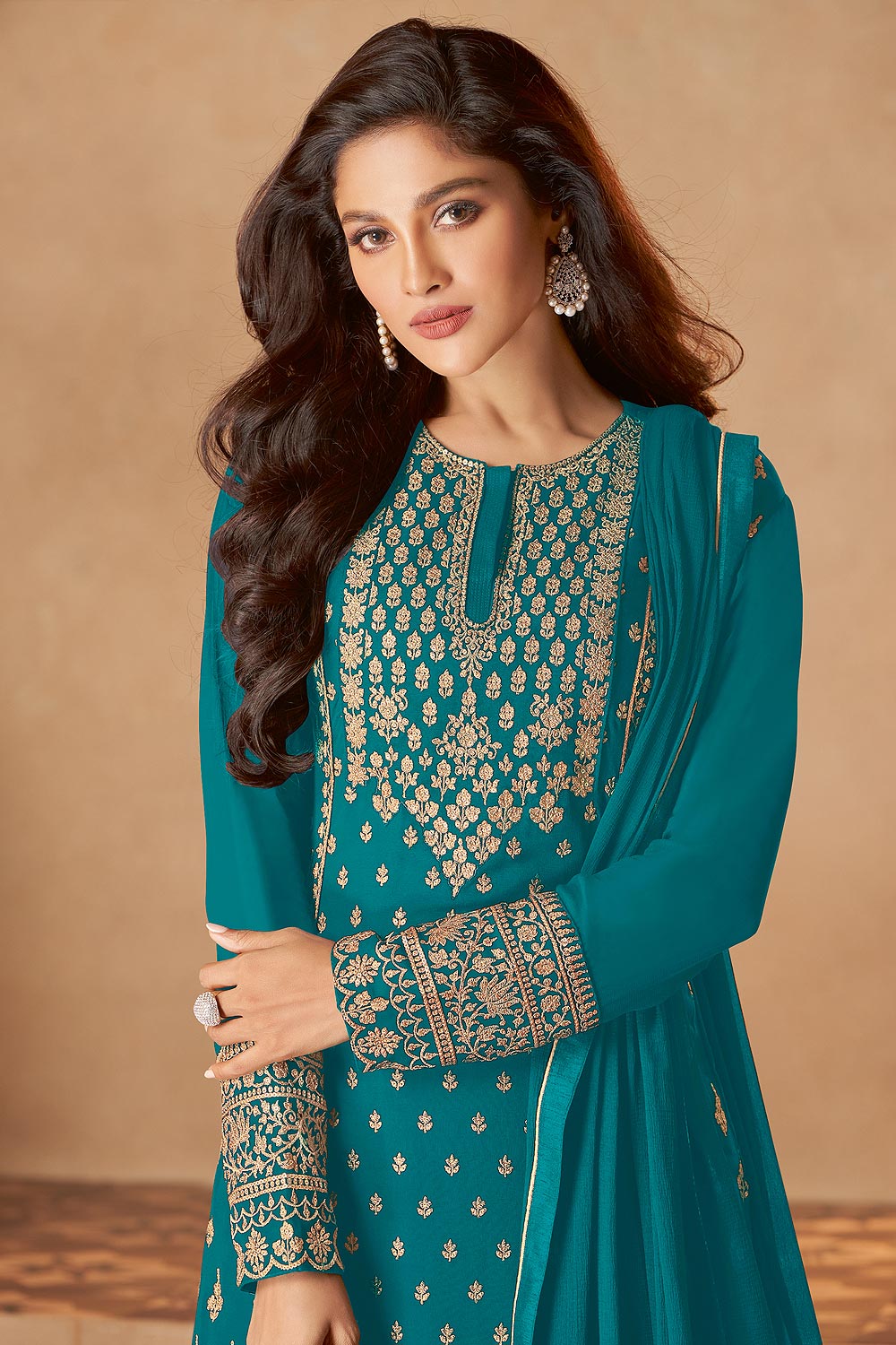 Buy Turquoise Straight Cut Sharara - Embroidered Designer Sharara Suit