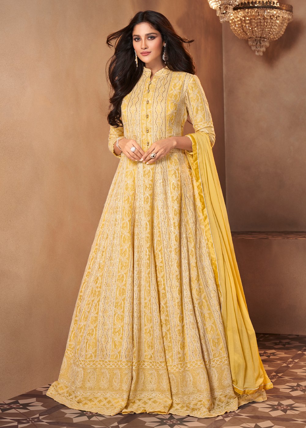 Buy Light Yellow Lucknowi Style Anarkali - Georgette Anarkali Suit