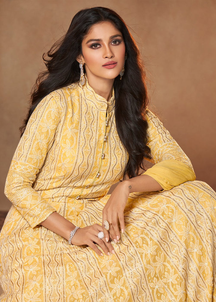 Buy Light Yellow Lucknowi Style Anarkali - Georgette Anarkali Suit