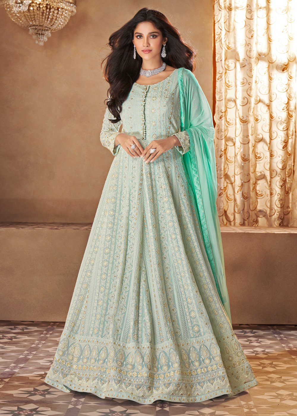 Buy Mint Blue Lucknowi Style Anarkali - Georgette Anarkali Suit