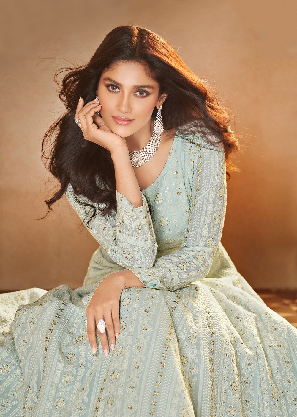 Buy Mint Blue Lucknowi Style Anarkali - Georgette Anarkali Suit