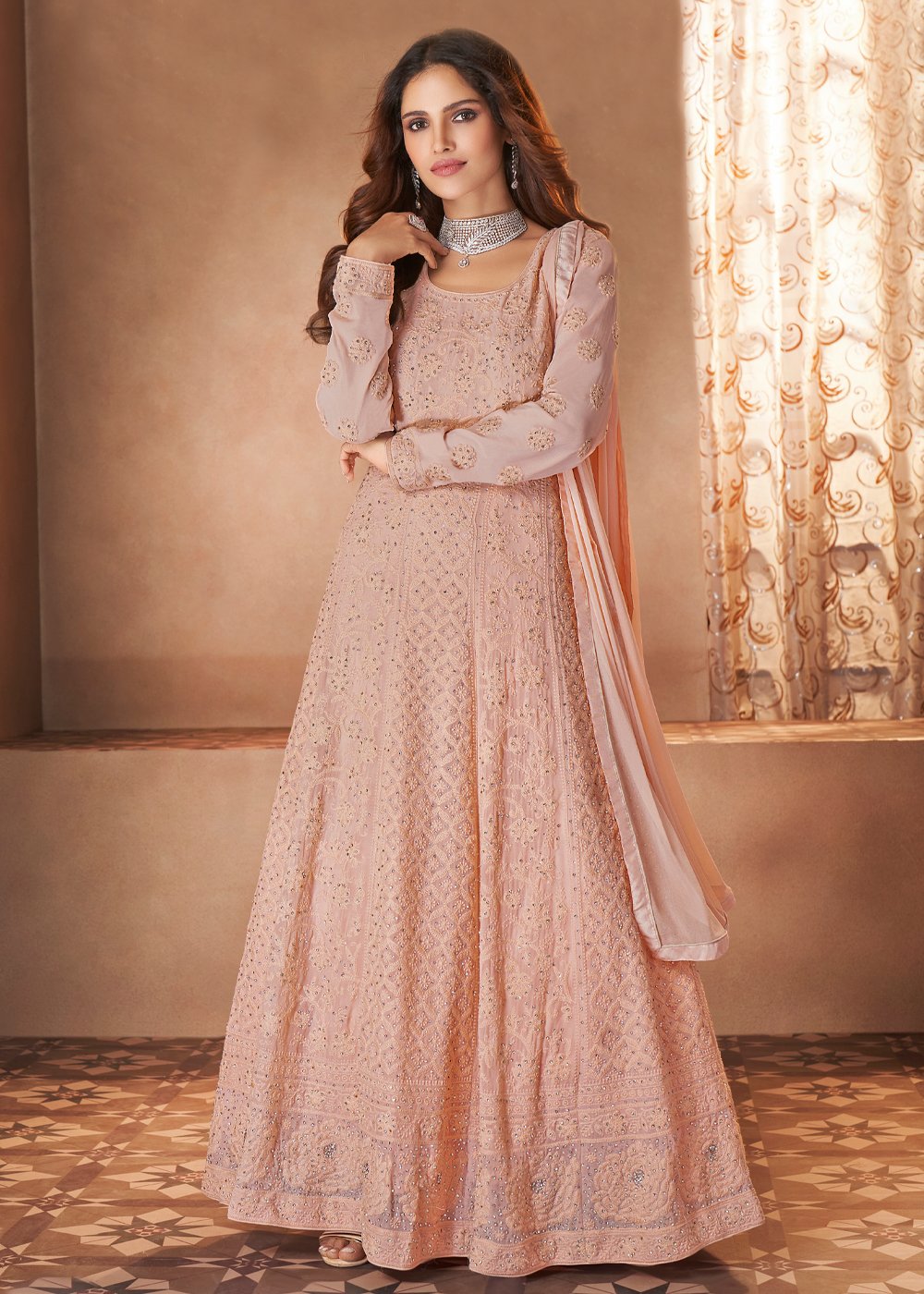 Buy Blush Pink Lucknowi Style Anarkali - Georgette Anarkali Suit