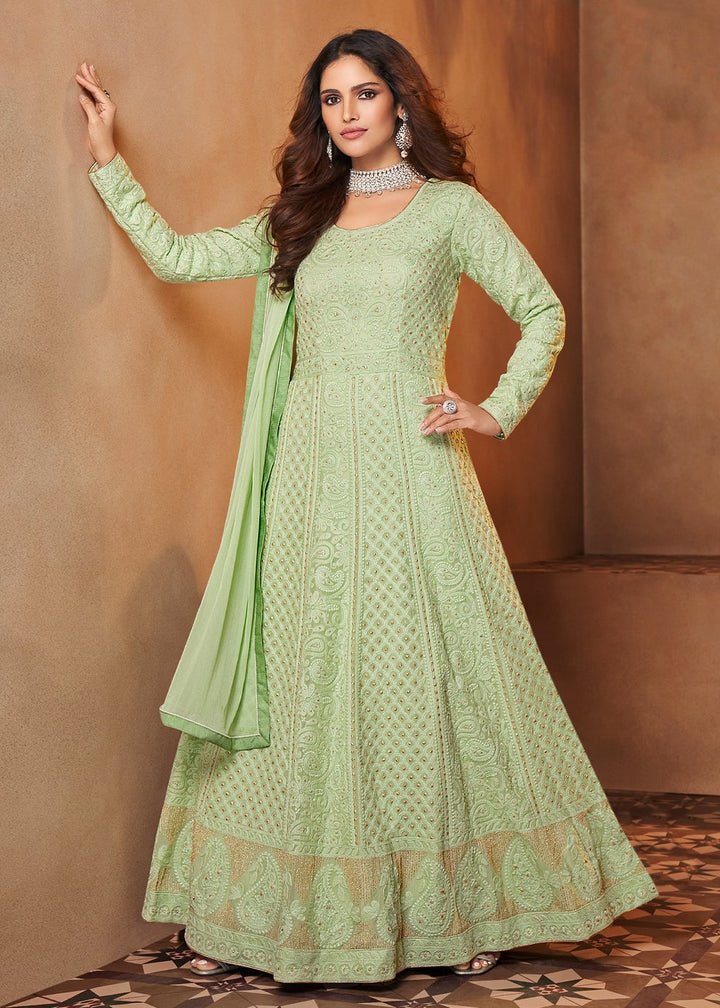 Buy Celadon Green Lucknowi Style Anarkali - Georgette Anarkali Suit