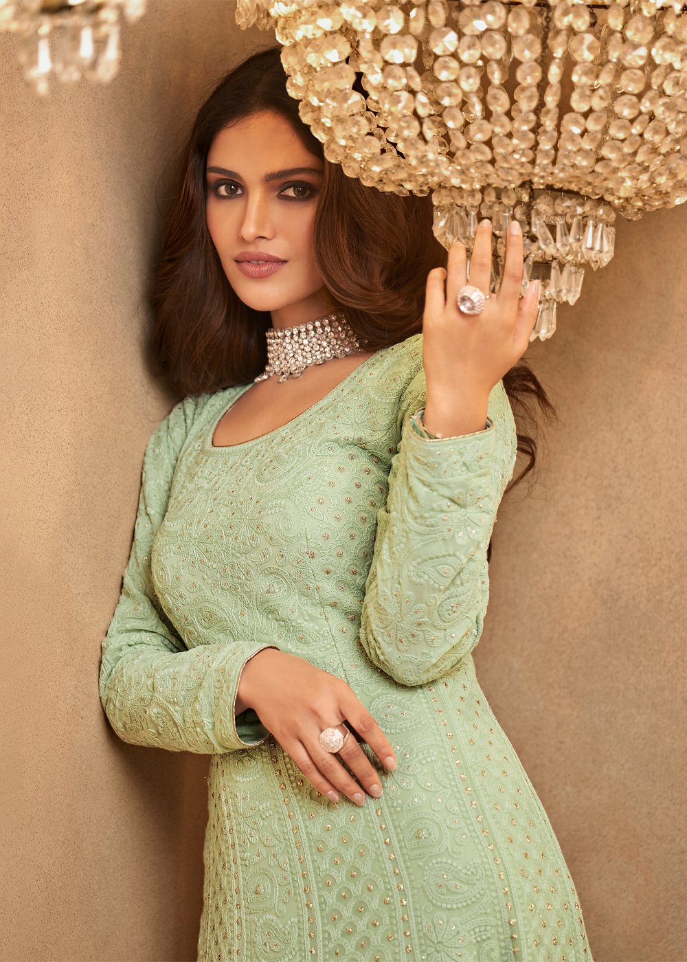 Buy Celadon Green Lucknowi Style Anarkali - Georgette Anarkali Suit