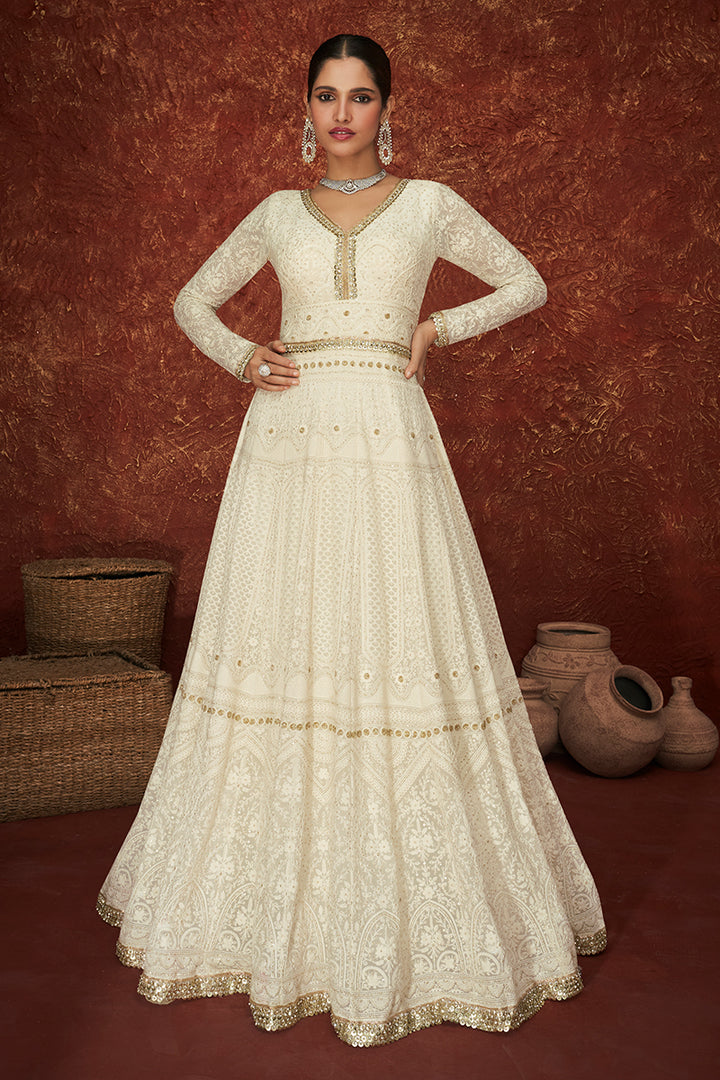 Buy White Georgette Long Anarkali - Embroidered Anarkali Suit