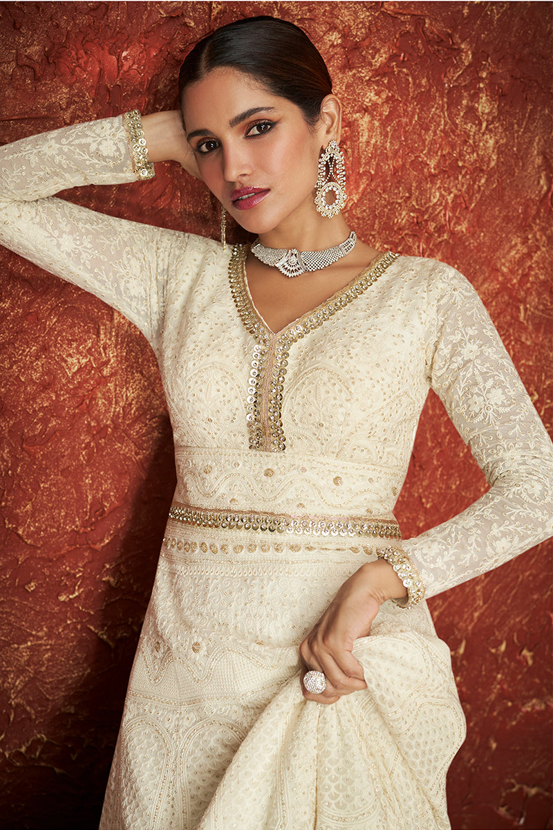 Buy White Georgette Long Anarkali - Embroidered Anarkali Suit