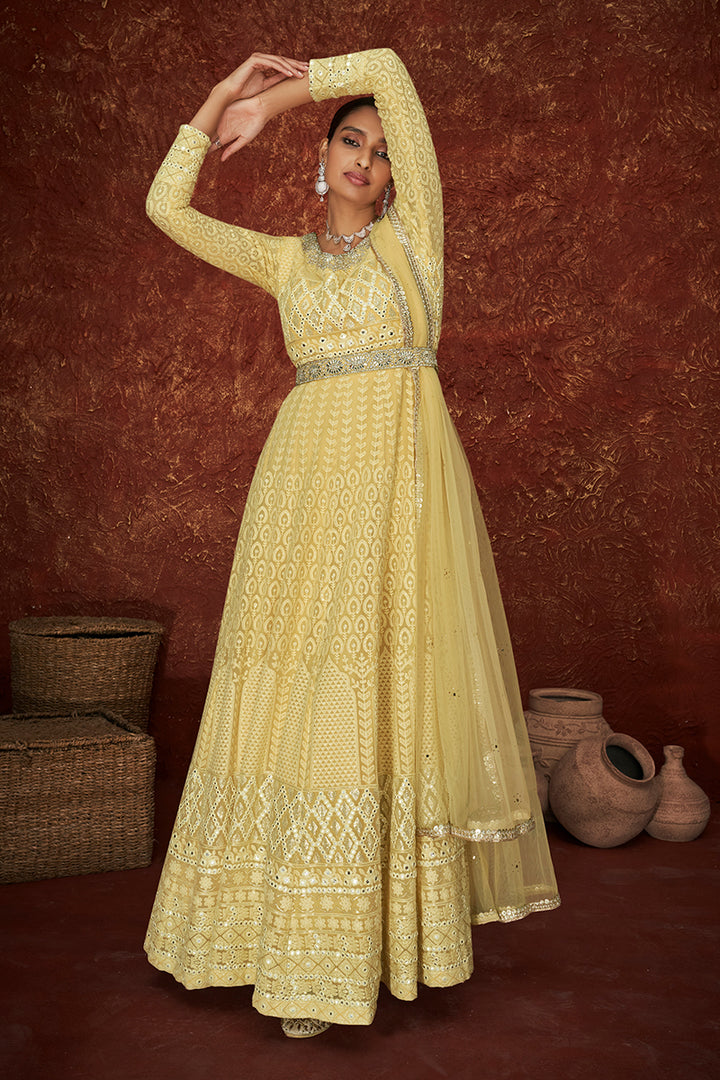 Buy Yellow Georgette Long Anarkali - Embroidered Anarkali Suit