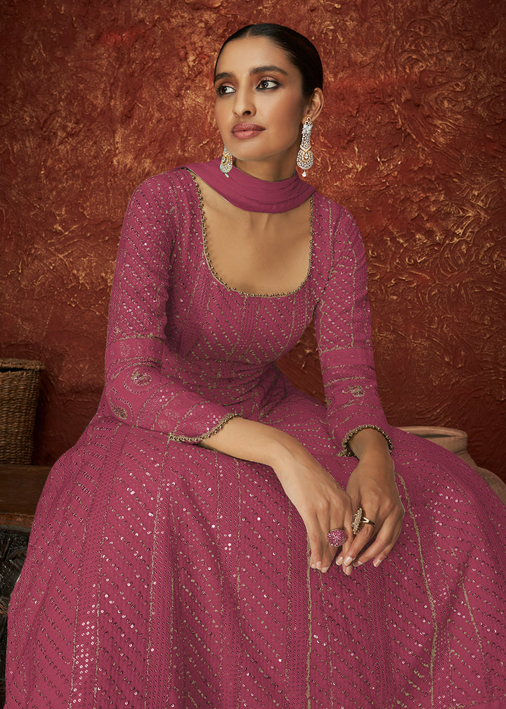 Buy Pink Georgette Long Anarkali - Embroidered Anarkali Suit