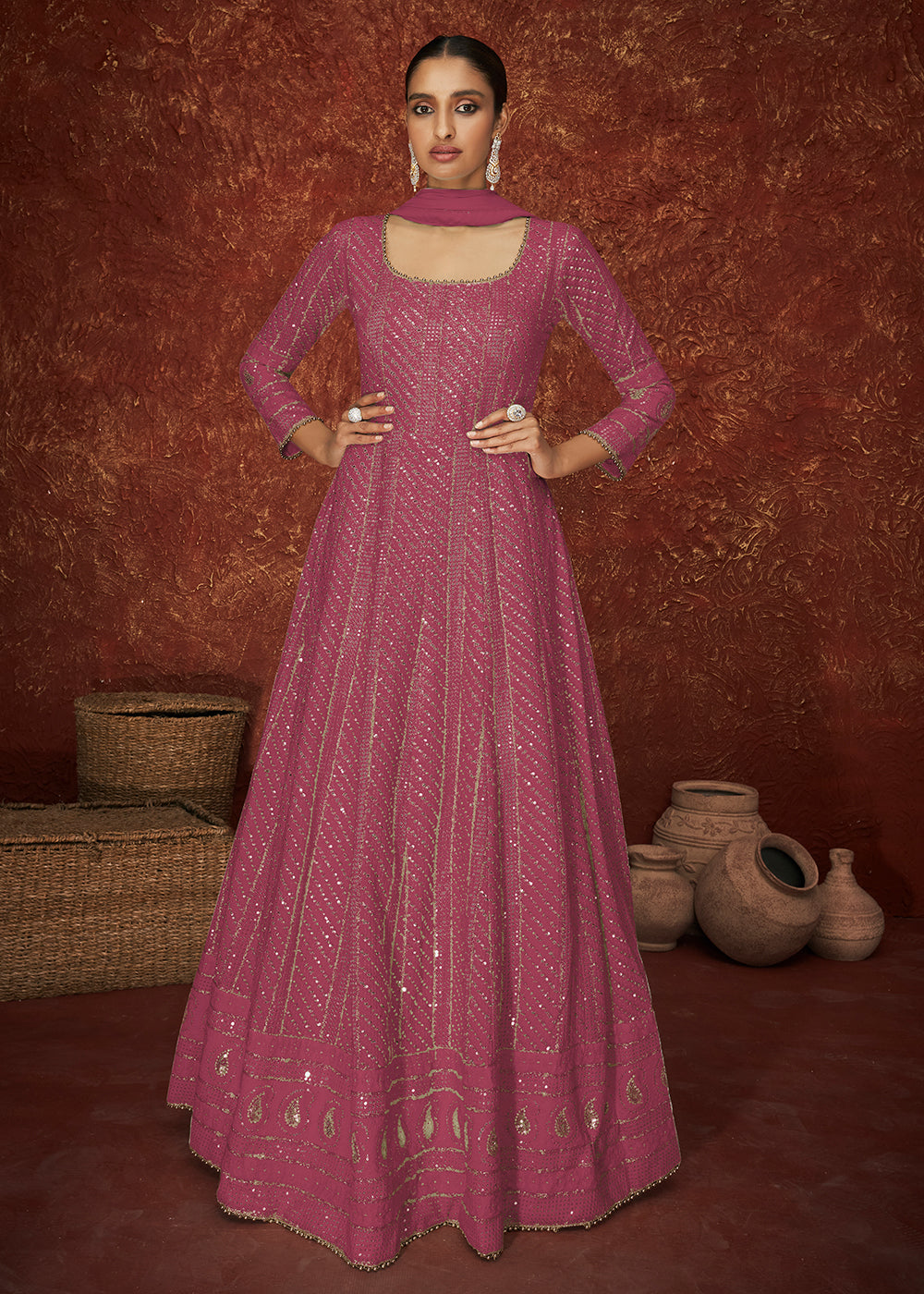 Buy Pink Georgette Long Anarkali - Embroidered Anarkali Suit