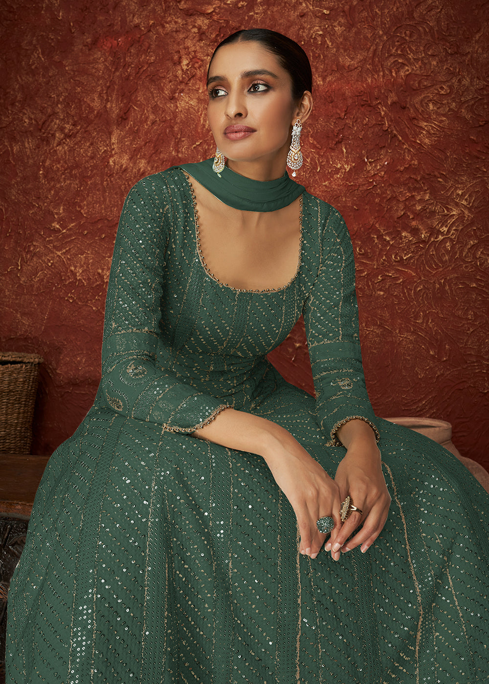 Buy Green Georgette Long Anarkali - Embroidered Anarkali Suit