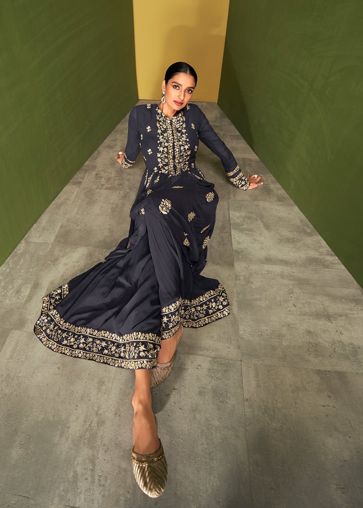 Buy Navy Blue Anarkali Style Suit - Designer Palazzo Salwar Suit
