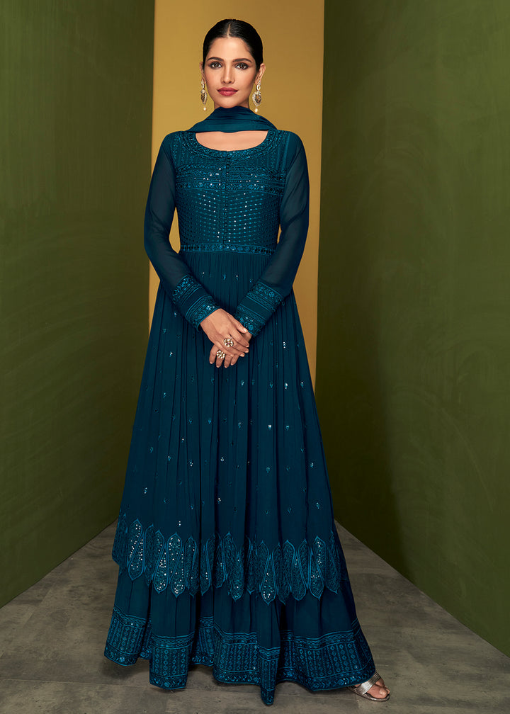 Buy Radiant Blue Anarkali Style Suit - Designer Palazzo Salwar Suit